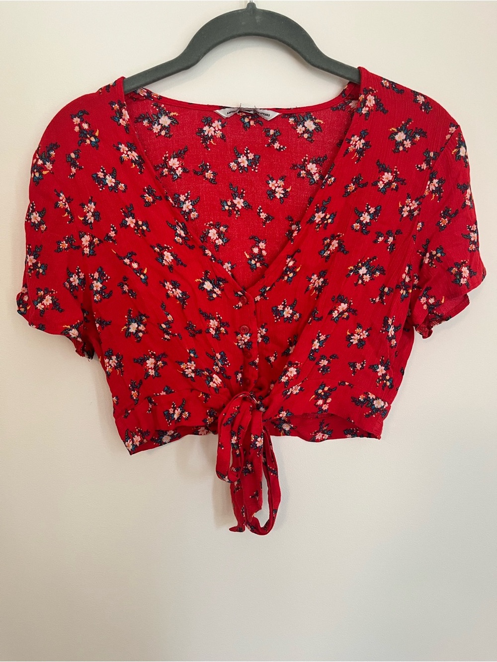 American Eagle Outfitters Red Floral Tie-Front Crop Top - Picture 1 of 2